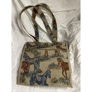 VTG Jade Horse Equestrian Tapestry Tote Purse Bag Coin Pockets Travel Work